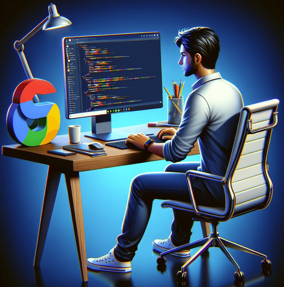 Stylized 3D illustration of a male developer working at a desk with dual monitors displaying code, with a Google Chrome logo, a desk lamp, and stationery items, emphasizing a modern web development workspace