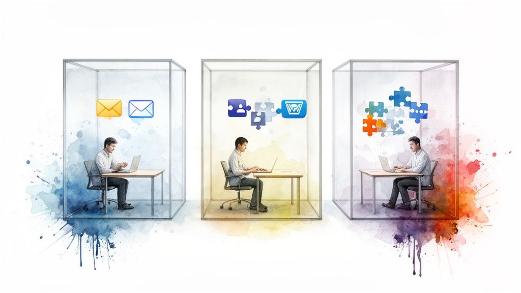 Digital illustration showing men in cubicles, representing evolving strategies from single to cross-channel marketing.