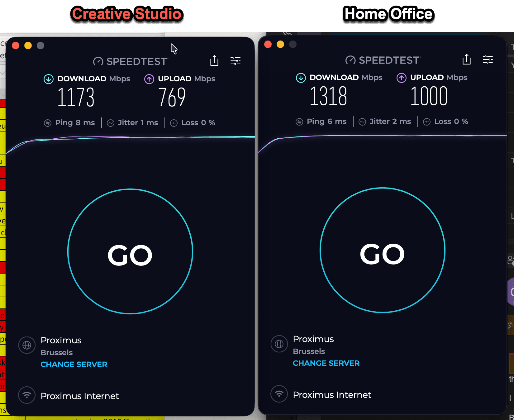 Speedtest-Ergebnisse für das Simply Dom Creative Studio und das Home Office, mit Glasfaser im Gigabit-Bereich an beiden Standorten.