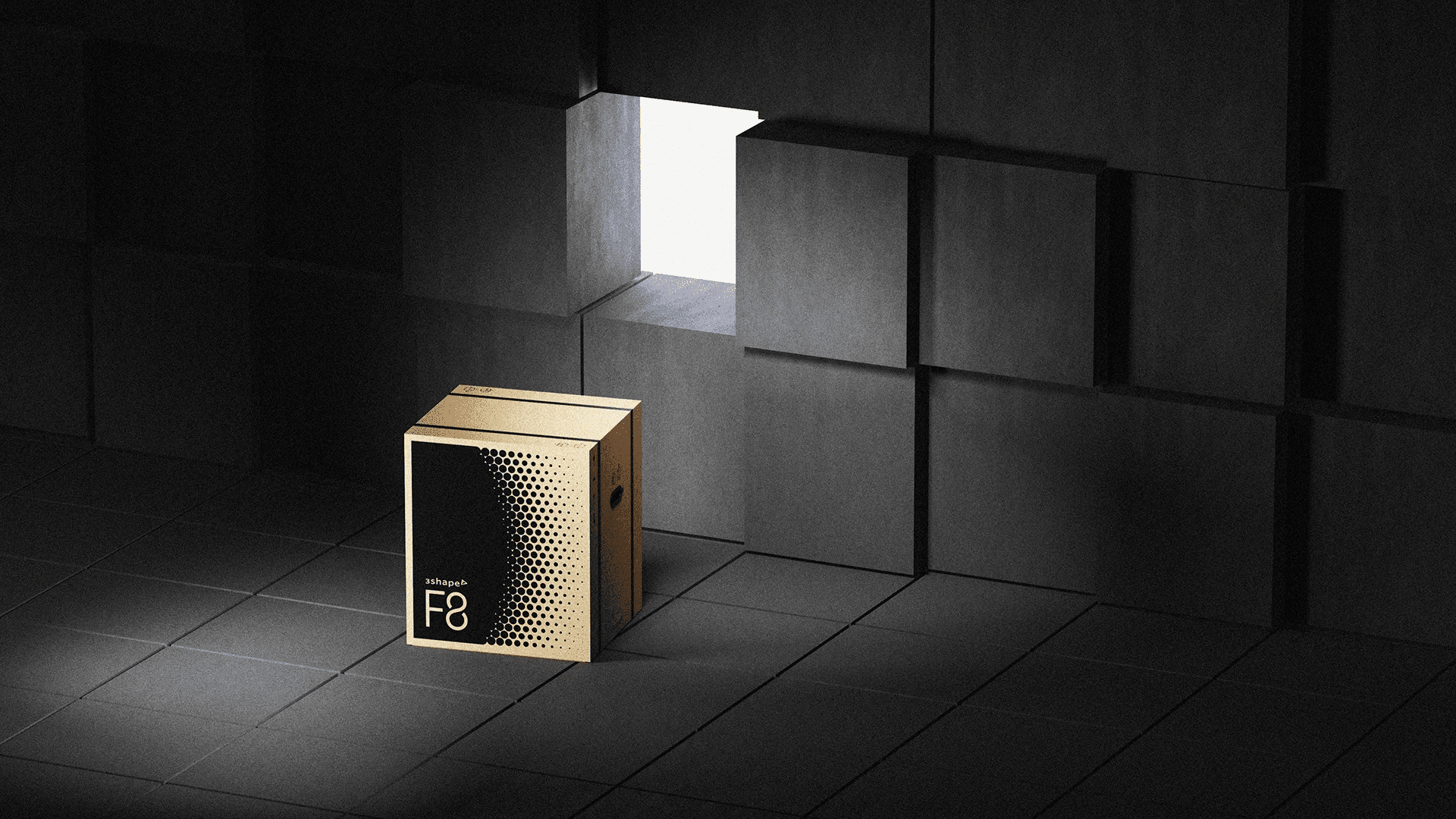A small premium product box with gold detailing illuminated inside a dark geometric display environment.