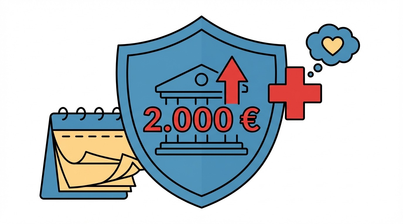 Blaues Schild mit rotem Kreuz, rotem Pfeil nach oben und Text '2.000 €', daneben Kalender und Denkblase mit Herz.