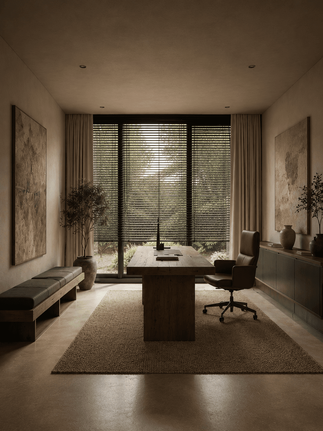 Serene minimalist office with natural accents