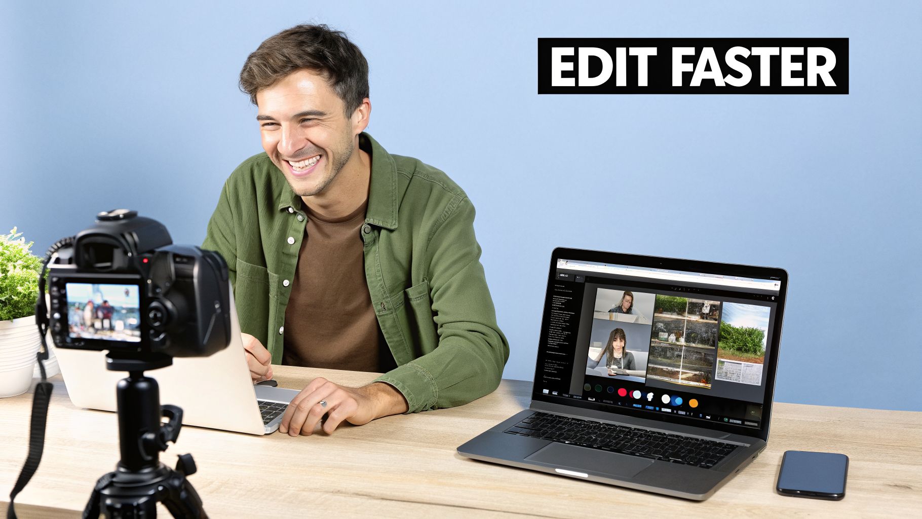 A smiling man works on video editing with two laptops and a camera, showcasing faster editing.