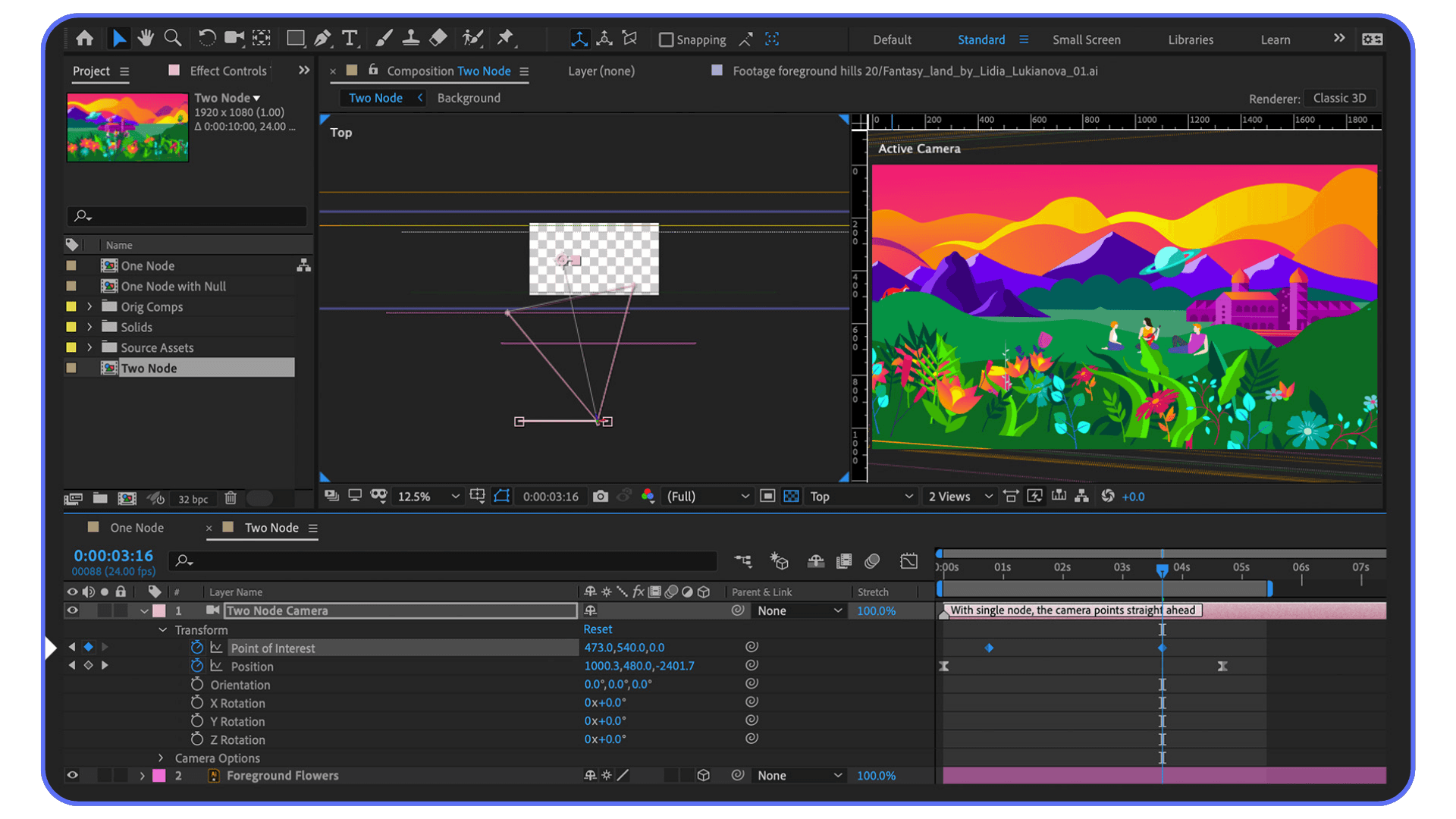 Adobe After Effects workspace displaying a 2D scene with camera layers, keyframes, and vector artwork