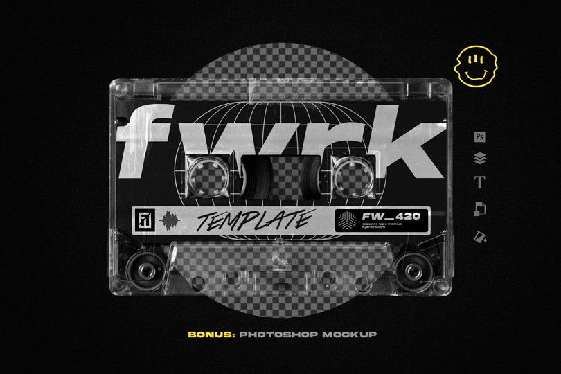 Retro Futuristic Shapes bonus cassette tape mockup template with retro music design