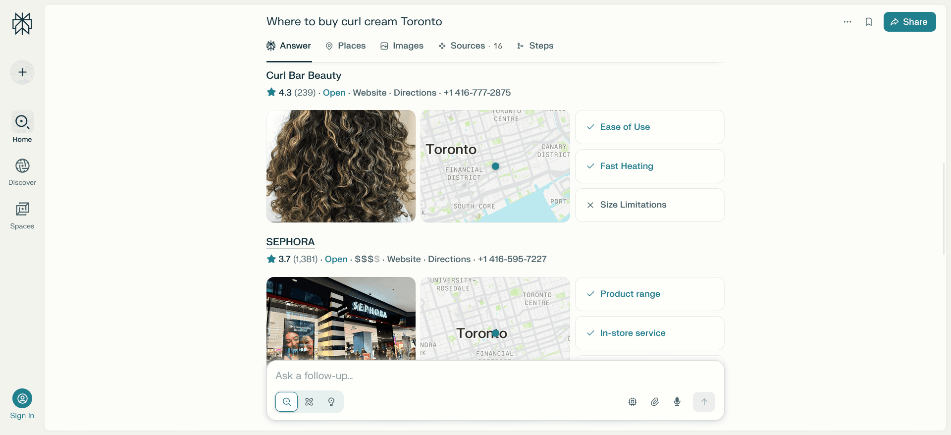 Perplexity AI result for a product based prompt with results recommeding products from salon clients business and ecommerce website
