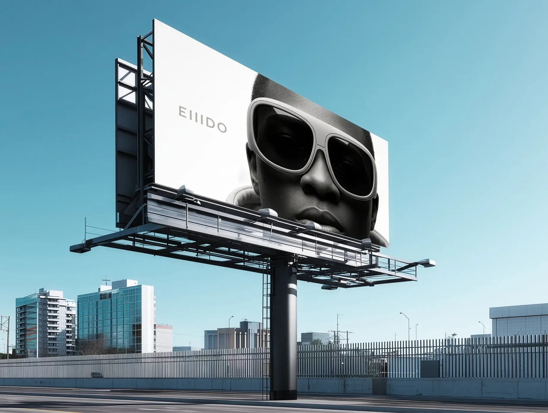 Large outdoor billboard featuring an Eiiido smart glasses campaign in an urban city setting.