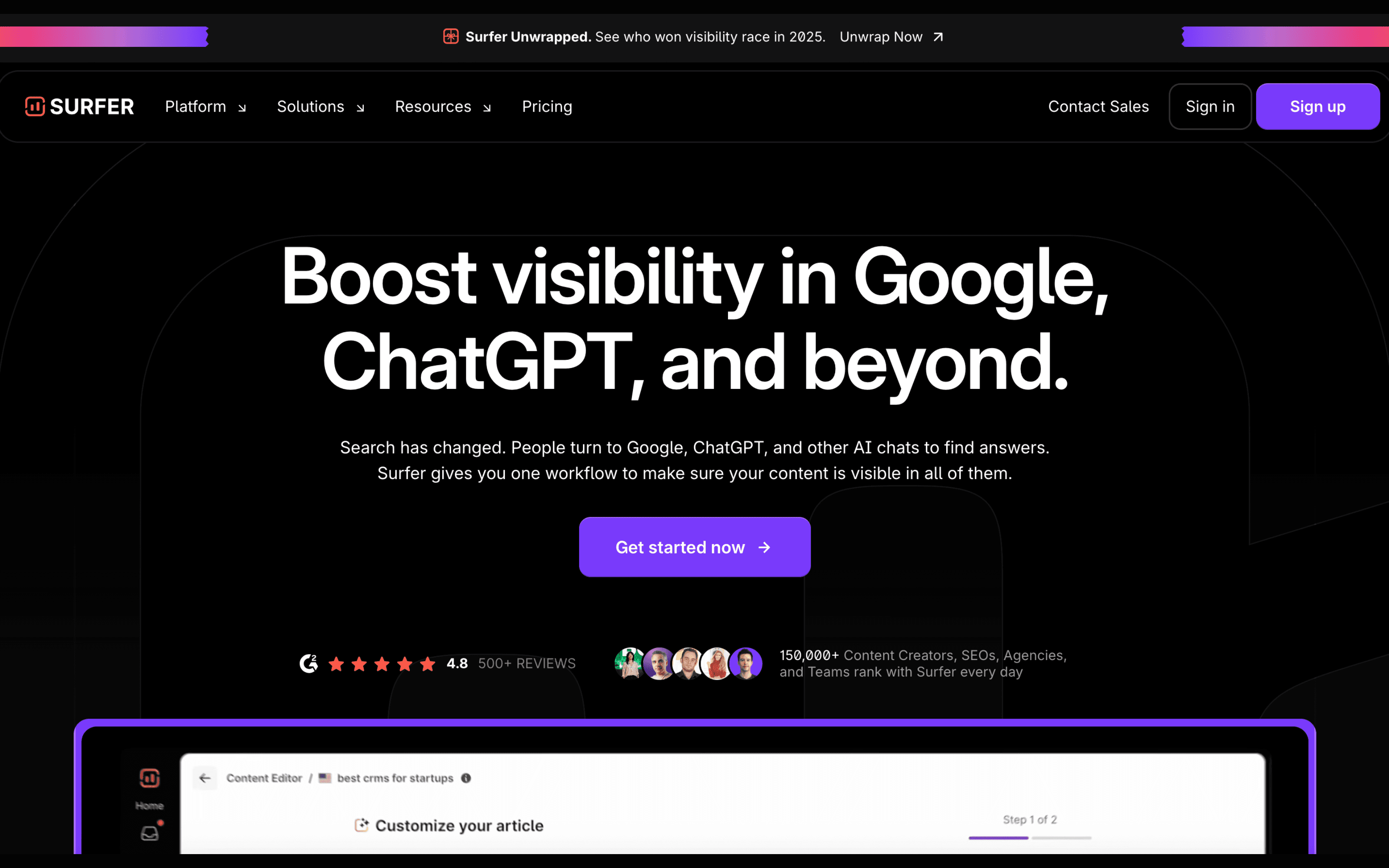 Screenshot of the Surfer AI Tracker dashboard showing AI visibility tracking, competitor comparisons, and cited sources for monitored prompts