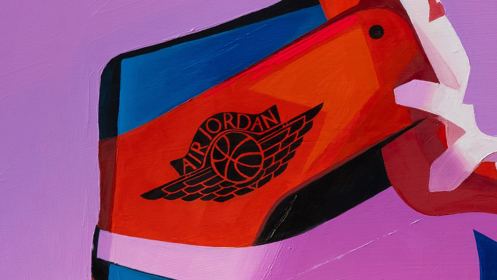 A vibrant closeup shot detailing the Air Jordan logo from the classic Jordan 1 sneakers