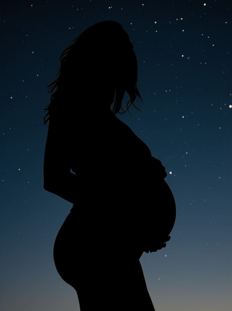 Silhouette maker shows pregnant woman at night.