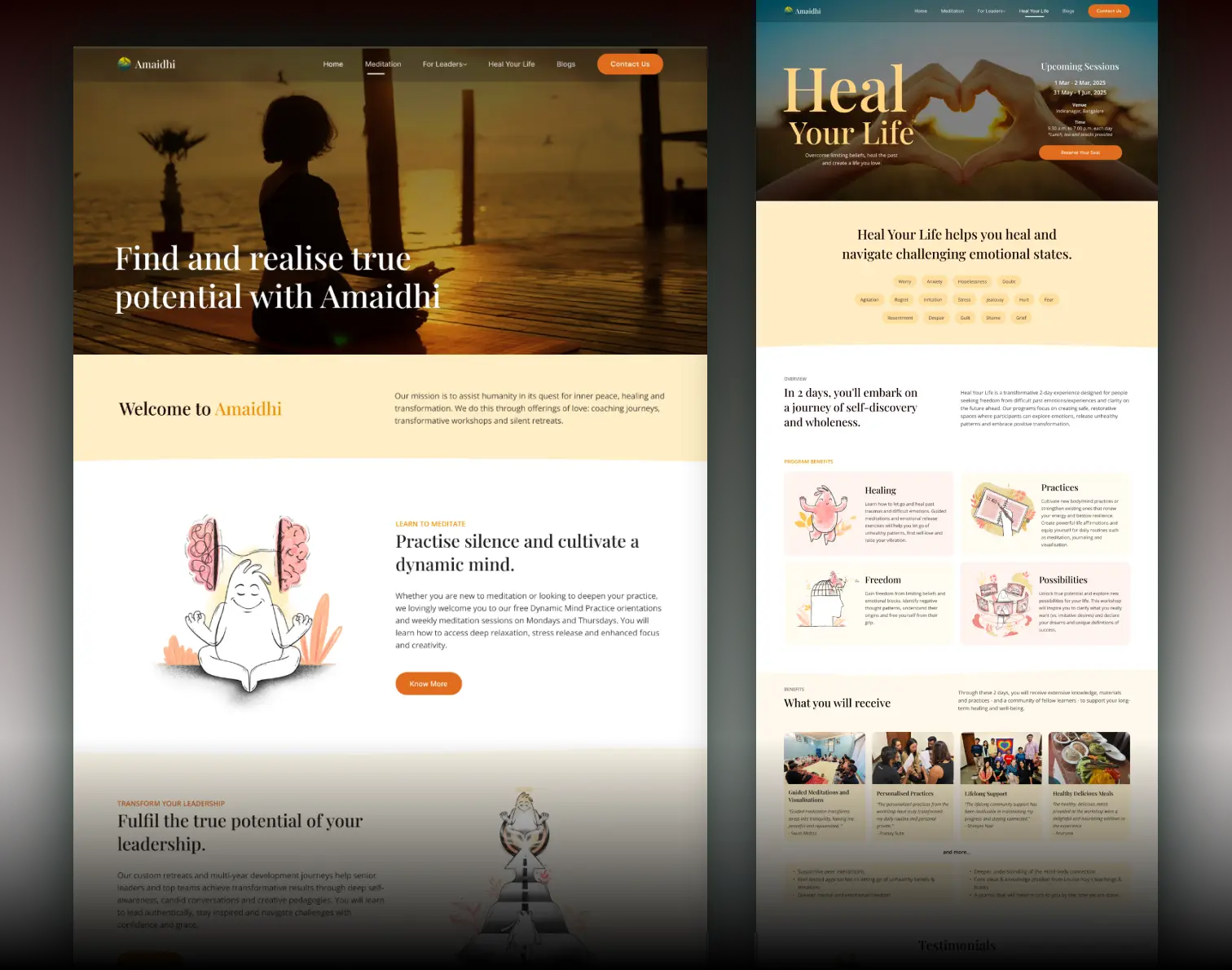 UI preview of Amaidhi's website screens designed by One Craft, showcasing a clean interface with custom illustrations