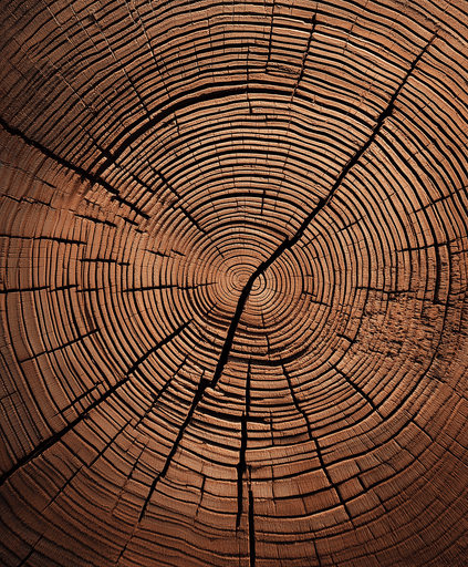 Close-up of a tree stump showing growth rings and a textured brown wood surface.