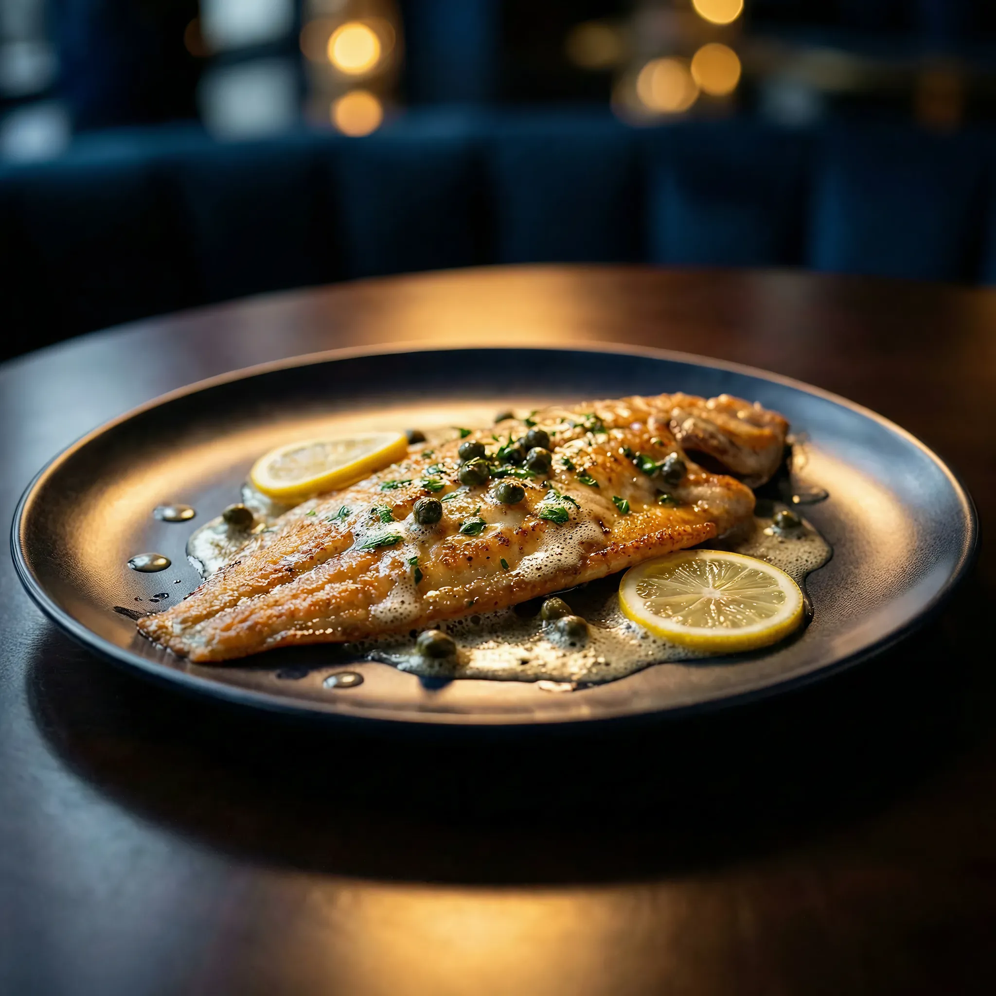 Grilled fish fillet topped with capers and herbs, garnished with lemon slices on a dark plate. Warm, ambient lighting creates a cozy atmosphere.