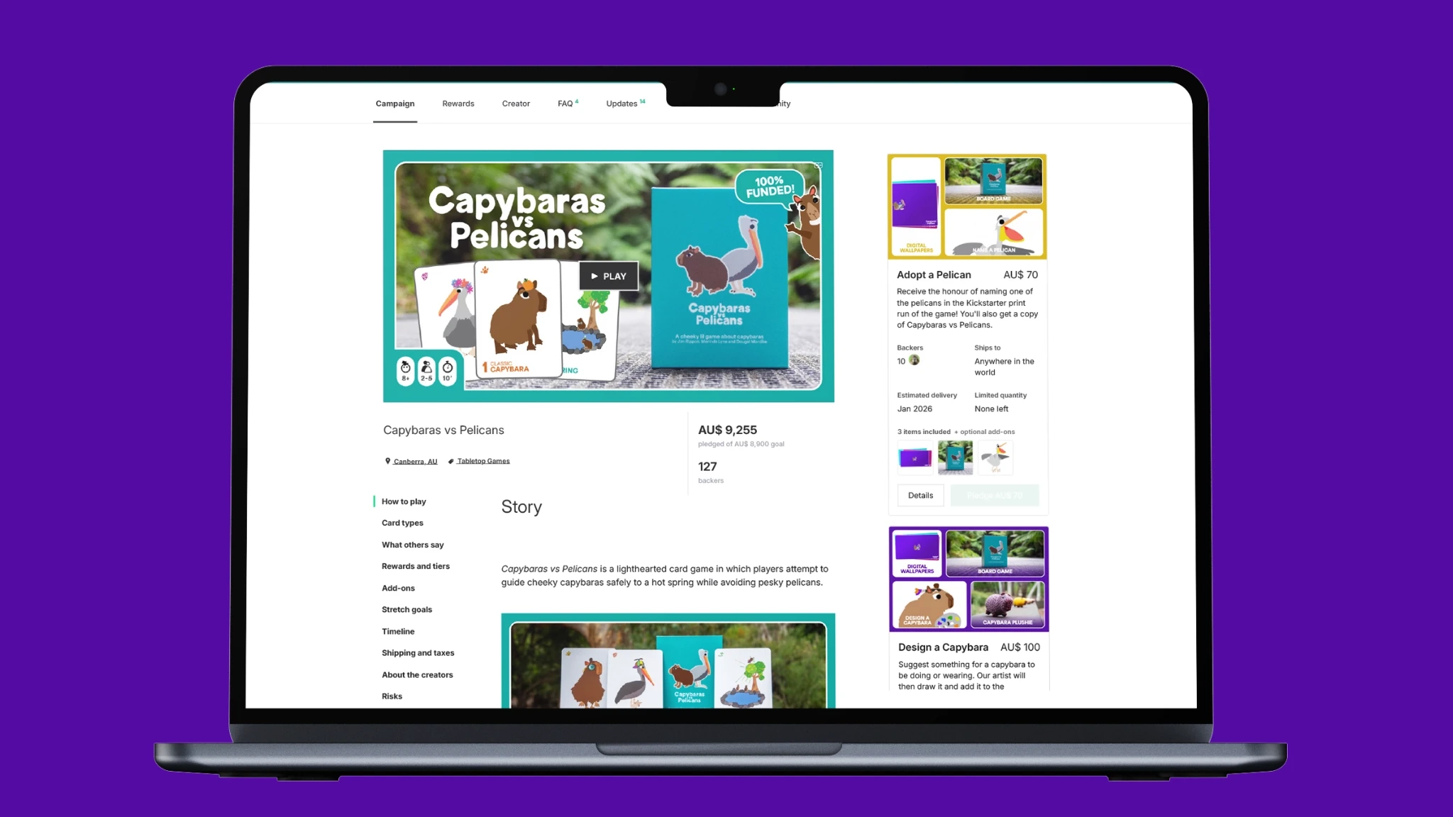 Capybaras vs Pelicans Kickstarter campaign on a laptop.