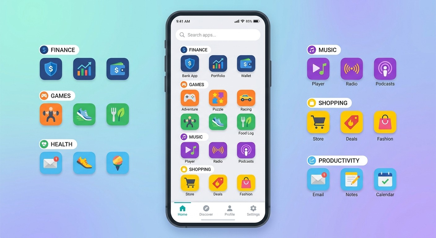 Smartphone screen displaying an app launcher organized by category, including Finance, Games, Music, and Shopping, with colorful app icons for each category surrounding the phone.