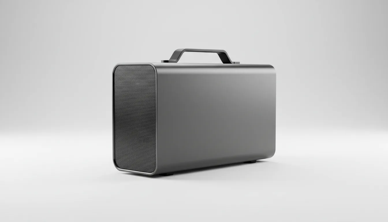 DSLR product shot of a minimalist Akitio Node Titan eGPU enclosure, presented from a three-quarter angle on a seamless white studio background. The enclosure features a sleek, matte dark gray metal chassis with softly rounded corners and a large, recessed black mesh ventilation grille on its side. A black retractable carrying handle is visible on top. The entire object is in sharp focus, illuminated by clean, soft studio lighting that casts a subtle shadow on the white surface, highlighting its industrial design.