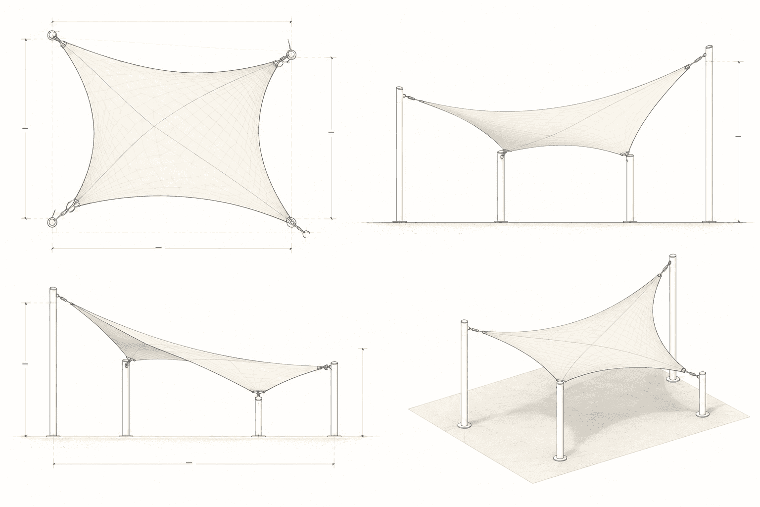 Illustrative plan, elevations and axonometric study of one asymmetrical tensile canopy; not a construction drawing.
