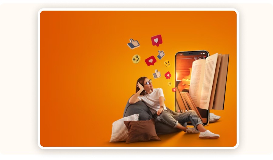woman sitting with social icons