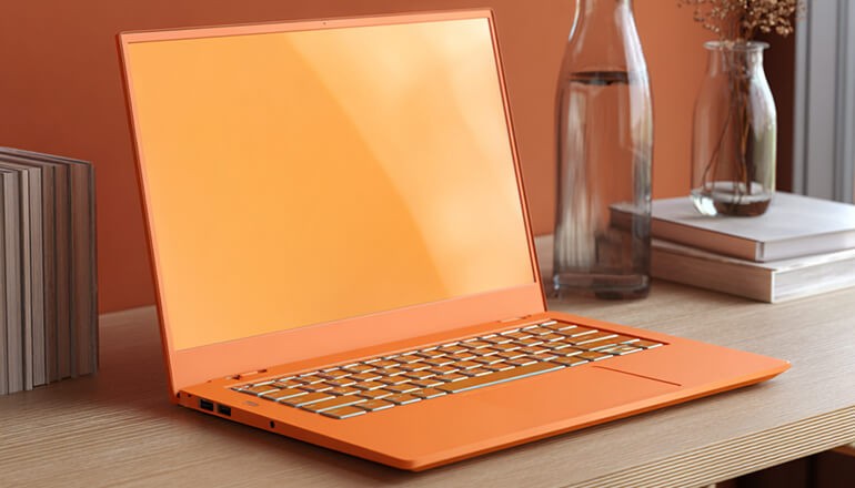 Orange laptop on a desk
