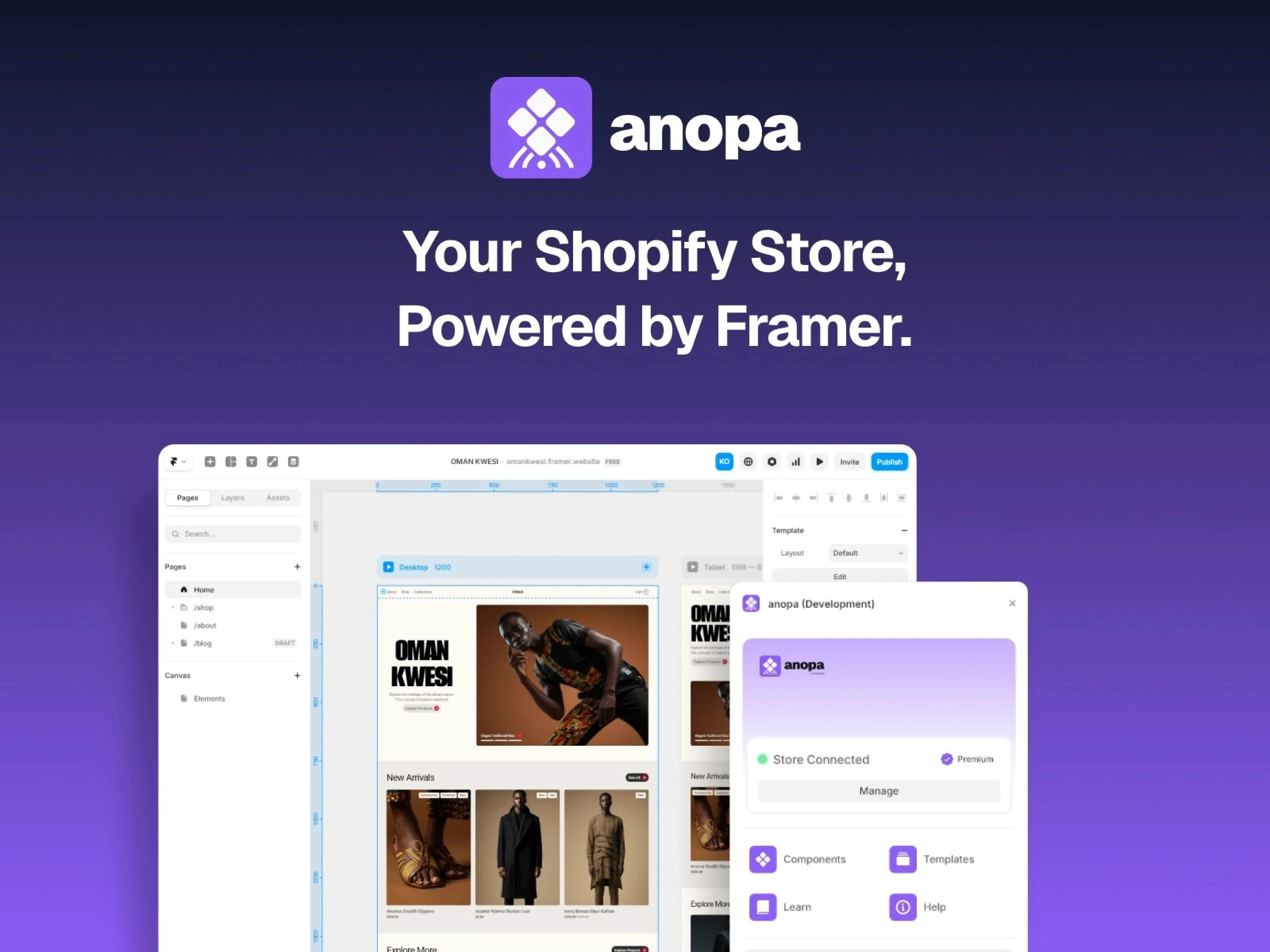 This is the anopa dashboard where you can manage your Shopify store with a purple gradient background.