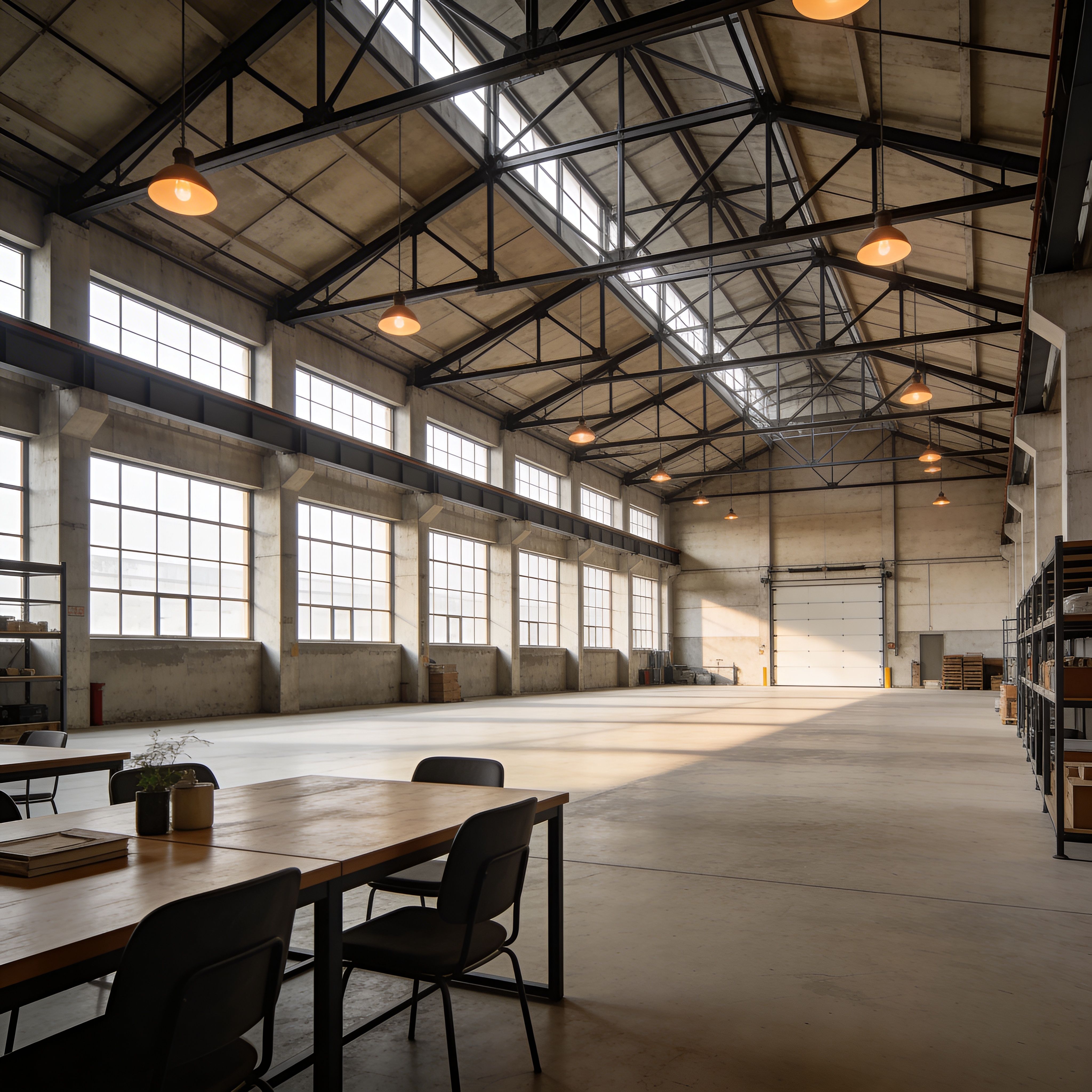 Industrial warehouse interior with high ceilings, steel beams, large windows, and open floor space