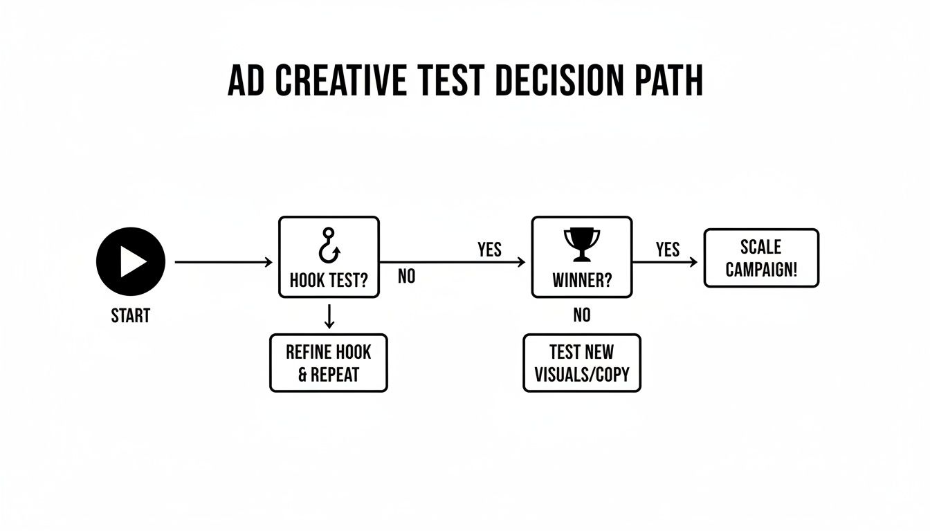 Flowchart outlining the ad creative testing decision path, from hook testing to scaling campaigns.