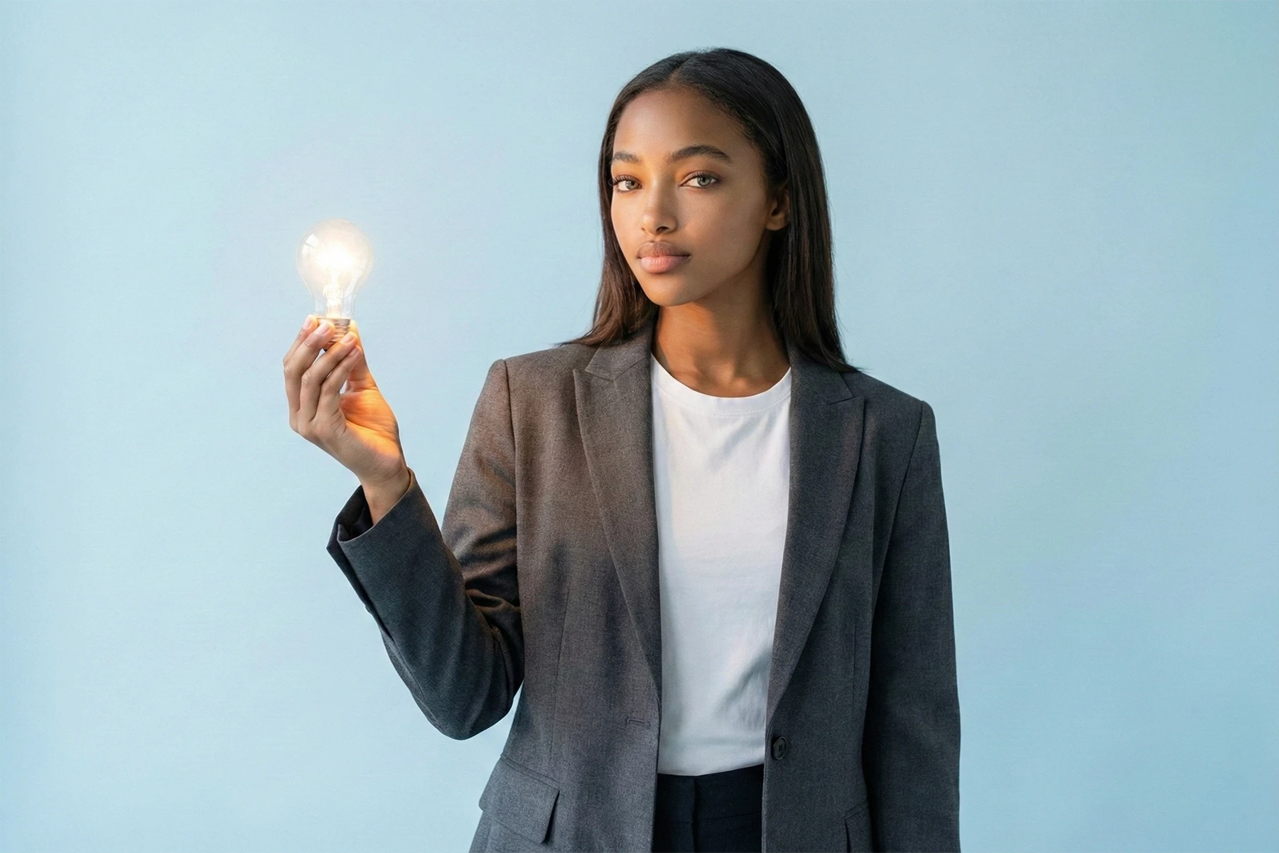 Frau im grauen Business-Outfit hält eine leuchtende Glühbirne als Symbol für Datentransparenz durch unsere Web Analytics Agentur Köln.