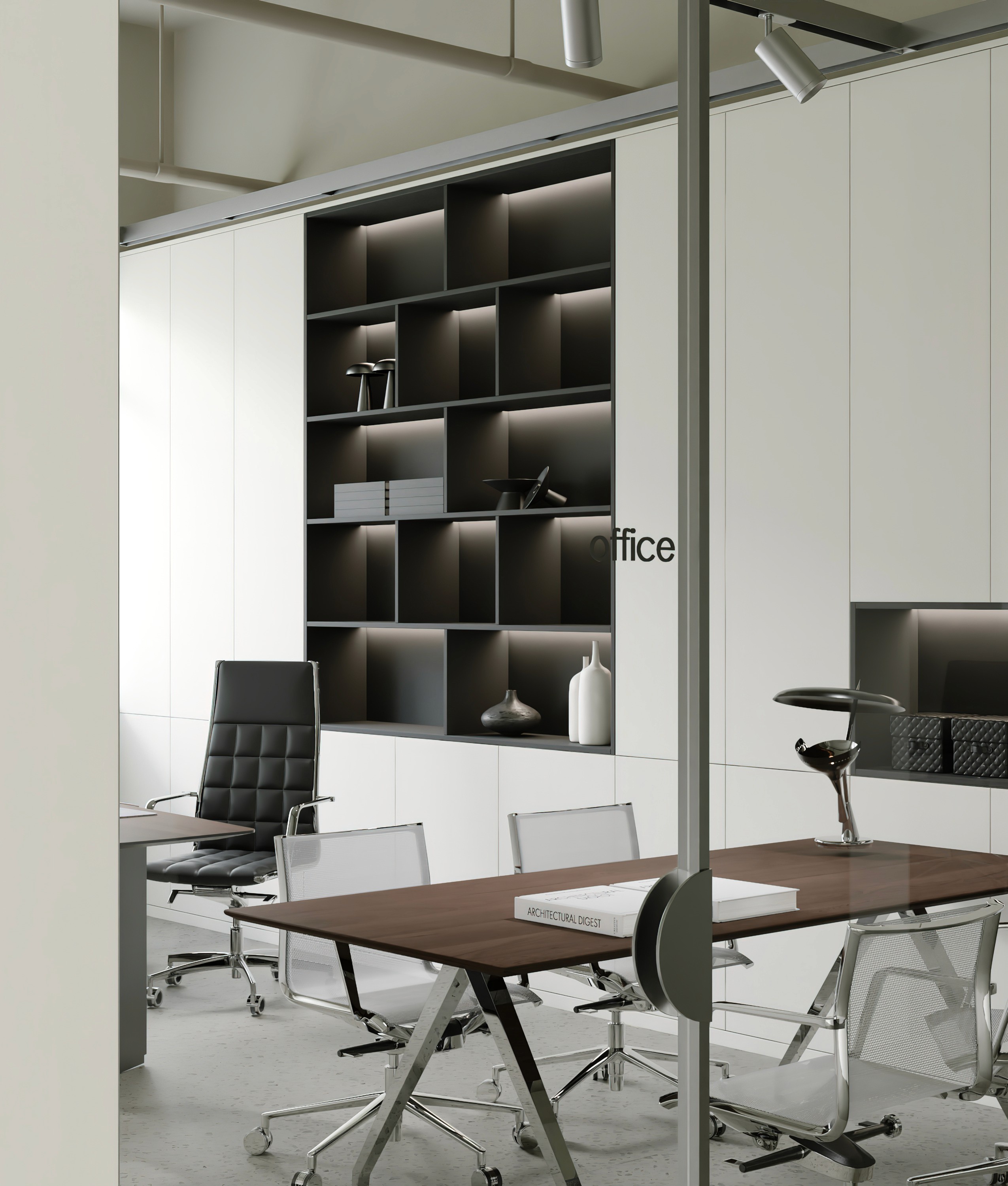 Commercial renovation of a corporate suite with seamless glass walls and black framing