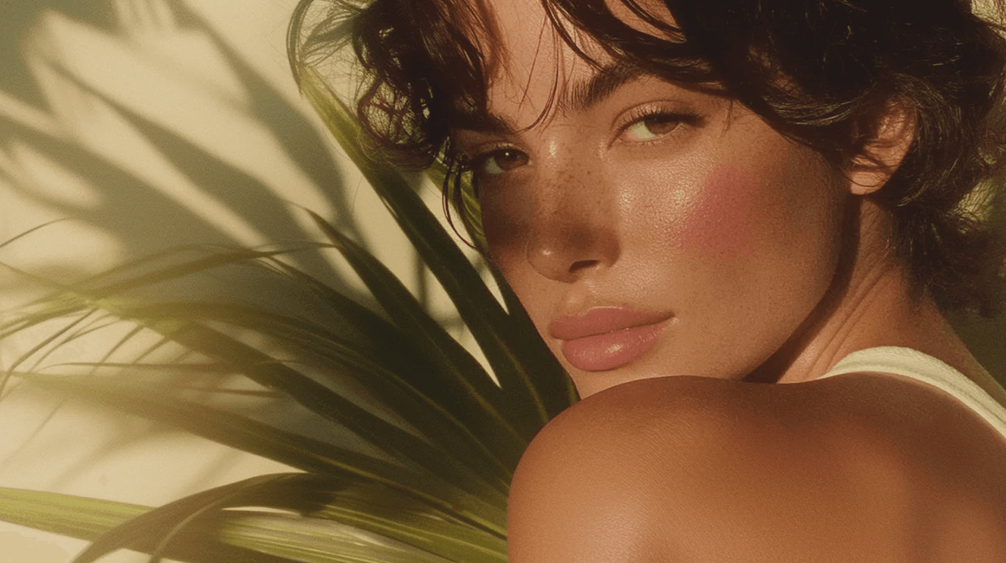 Close-up beauty portrait of woman with glowing skin and flushed cheeks behind tropical palm frond in warm light