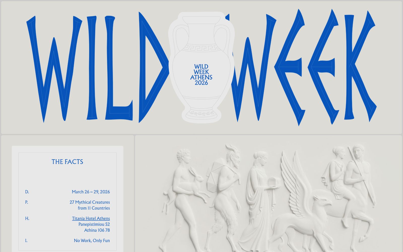 A Greek vase with "Wild Week Athens 2026" between bold blue text. Below, a white relief sculpture of mythical creatures.