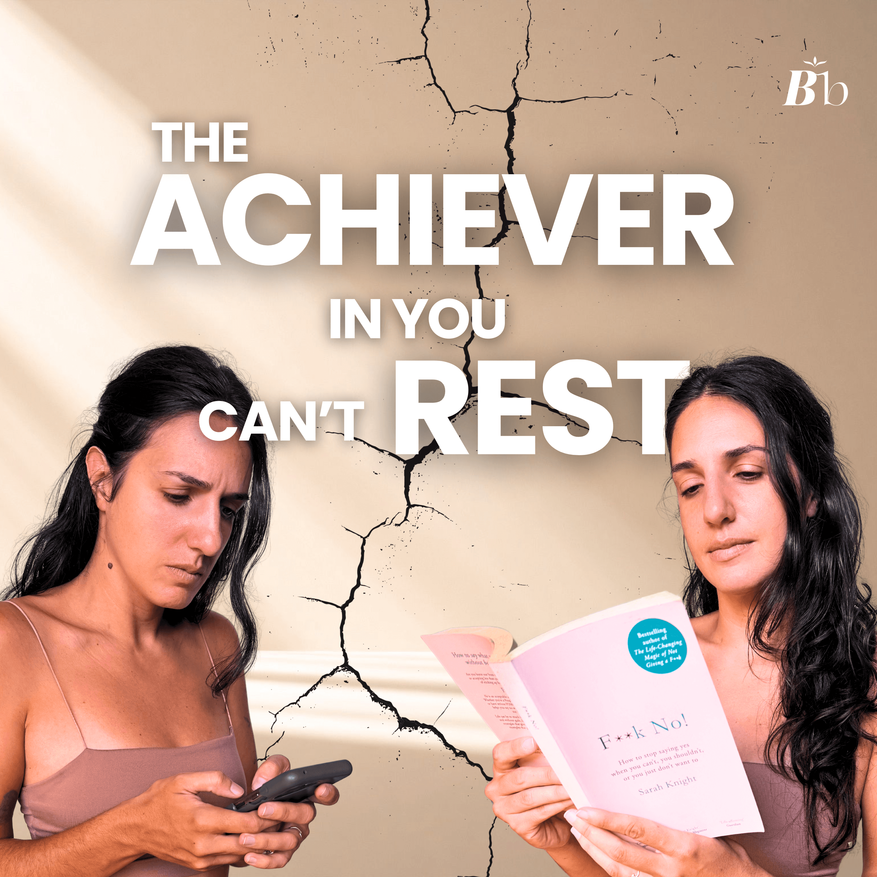 Two women representing two archetypes of the same woman. One looks busy and stressed looking at her phone, the other looks relaxed and at peace, reading her book