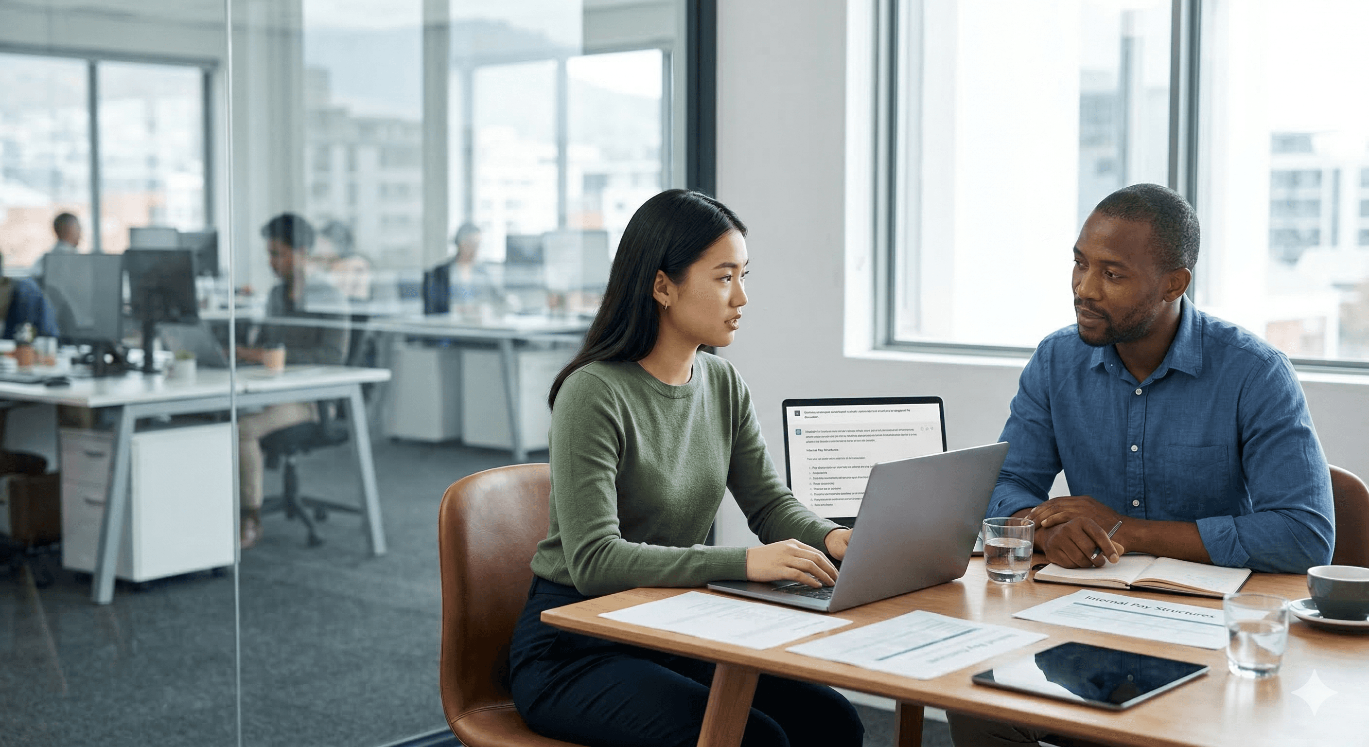 In a modern office setting, two individuals engage in a focused discussion at a wooden table with laptops and documents, exemplifying professional collaboration and leadership.