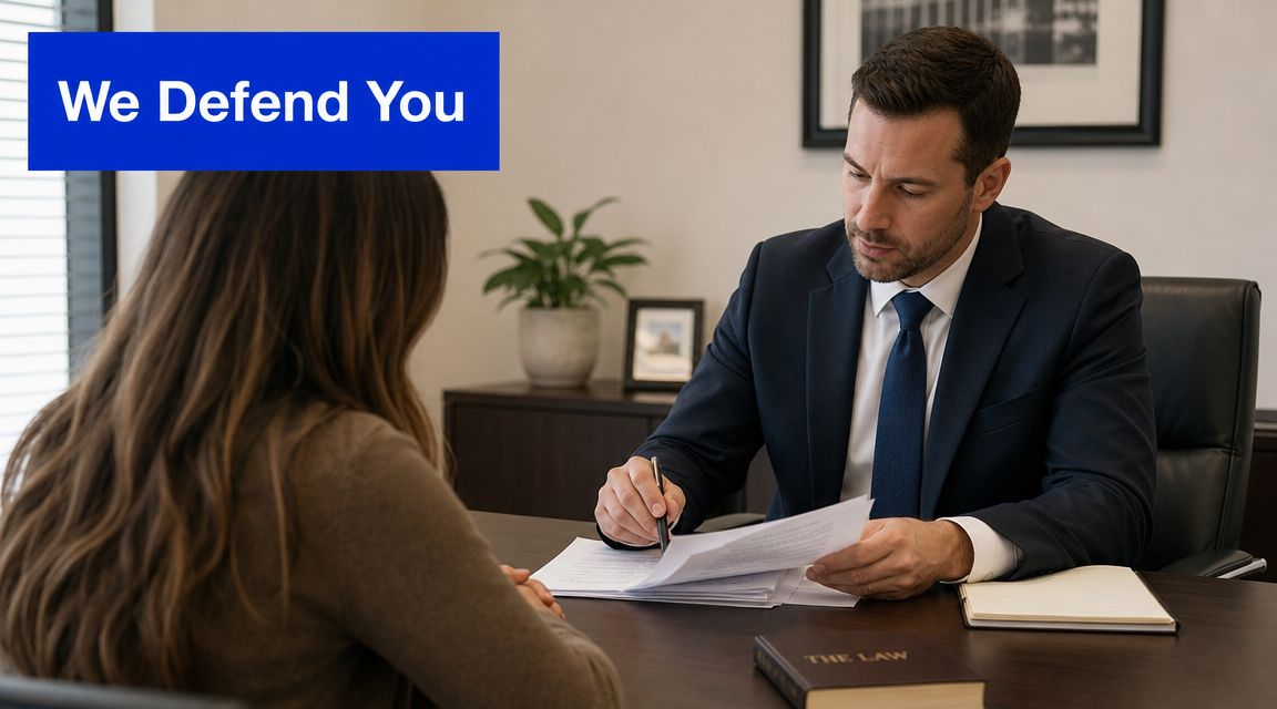A professional attorney sitting at a wooden desk, reviewing legal documents with a female client in an office.