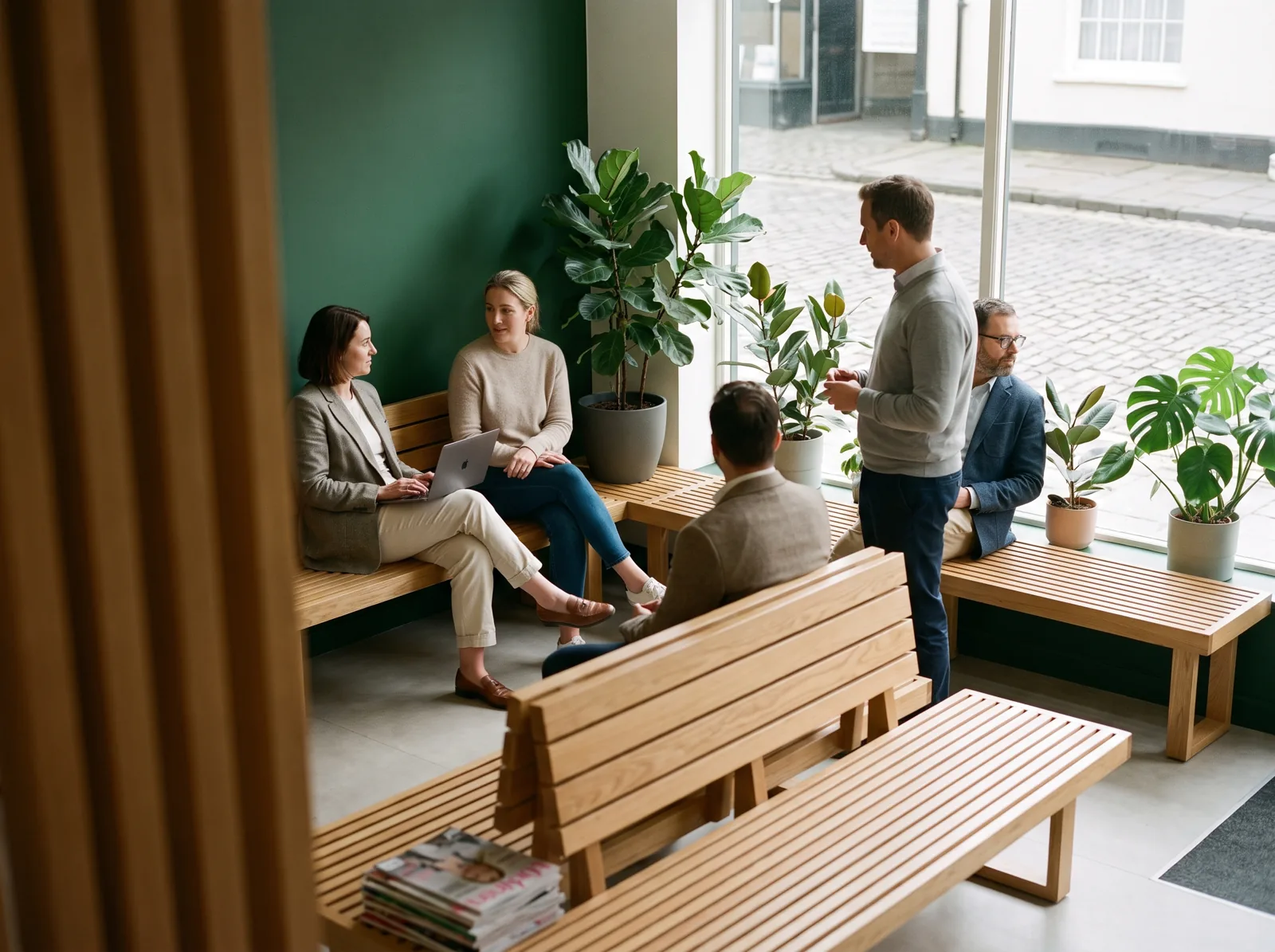 A small group waiting together in the bright waiting area at Burntwood Clinic