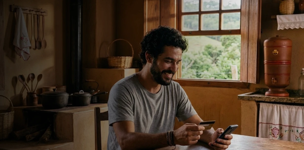 Homem com um celular e um cartão de crédito na mão