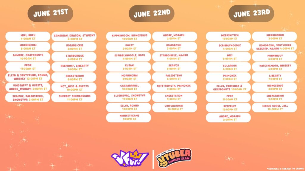 VFur schedule graphic for their participating creators' streams.
