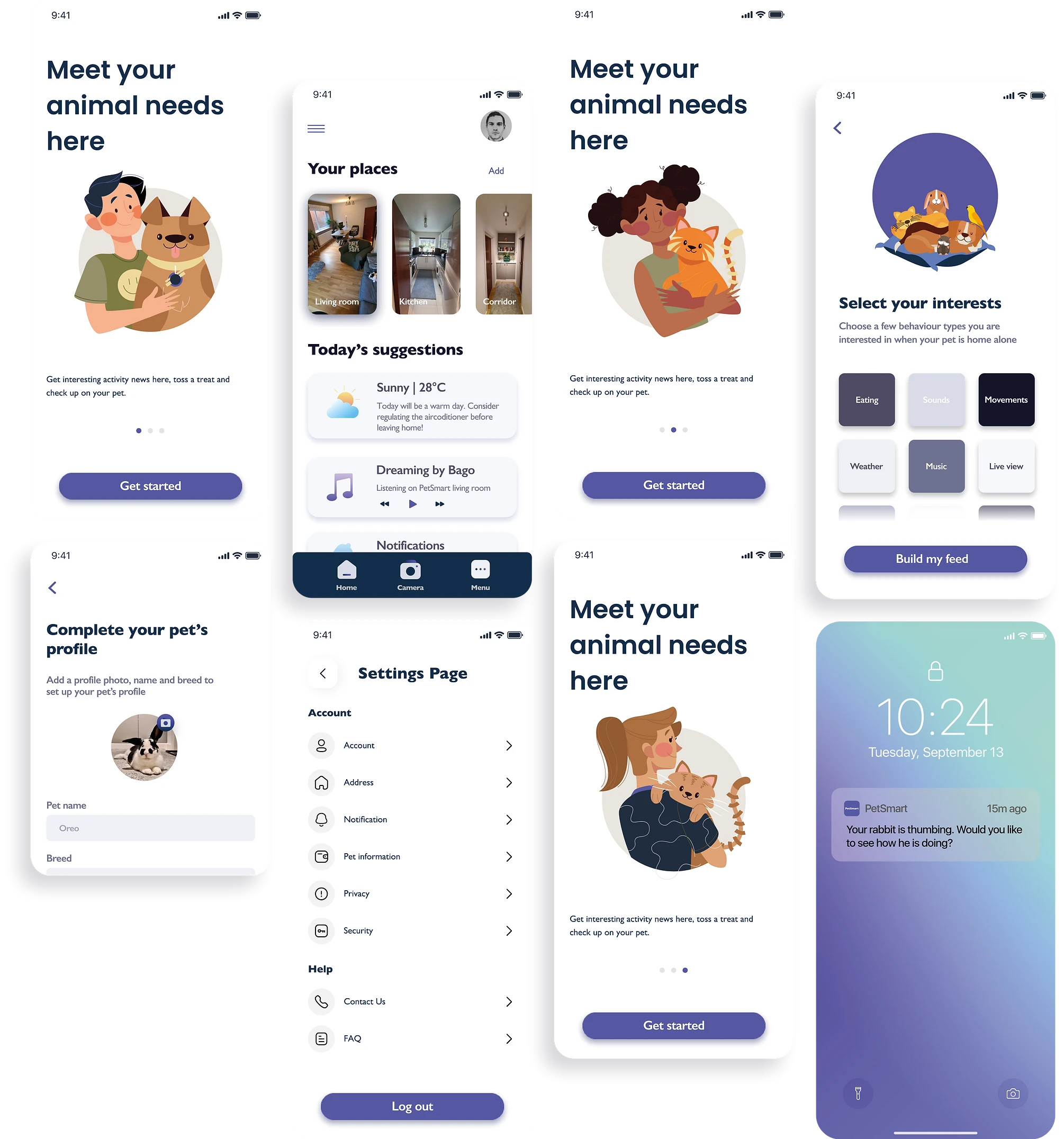 Final PetSmart app designs including onboarding, pet profiles, home, interests, settings and notifications.