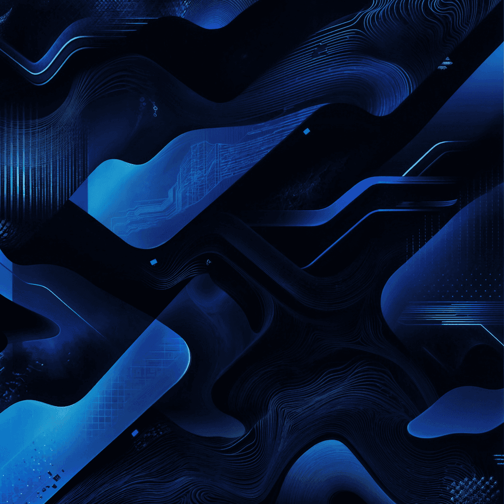 Abstract design featuring deep blue tones and layered shapes creating a sense of movement and depth.