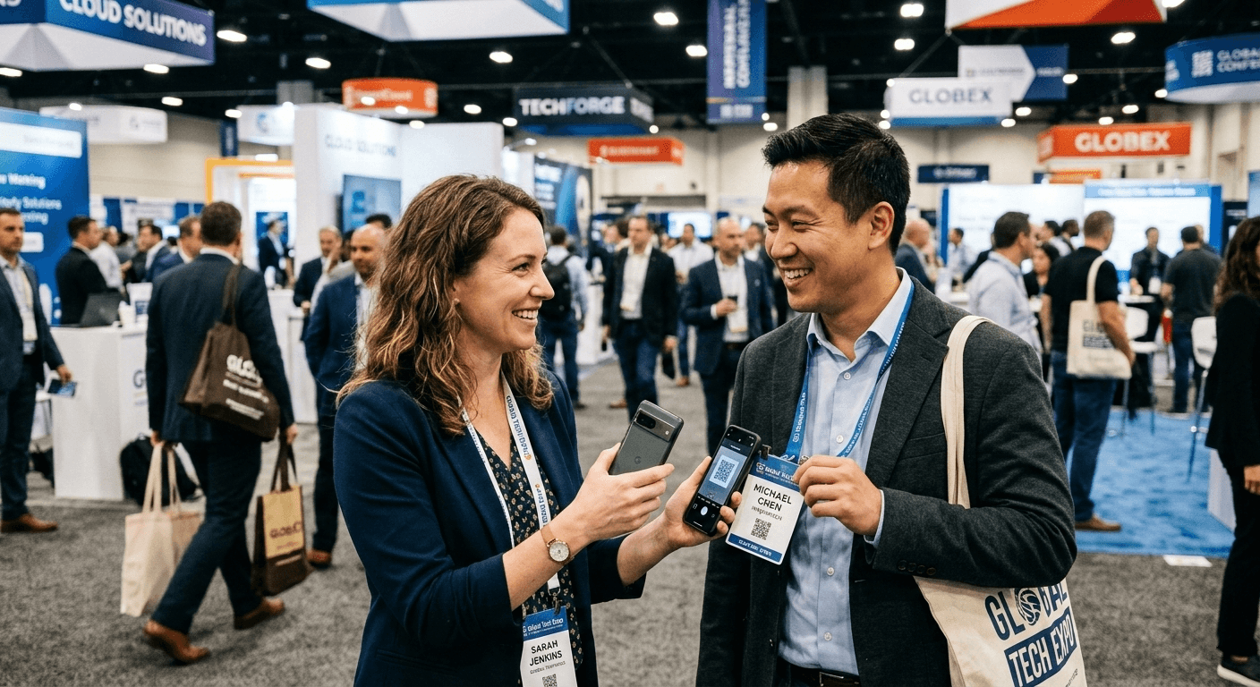 Professionals using QR badge scanning at a trade show to capture leads in 2026