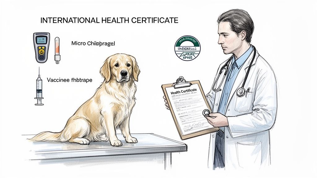 Veterinarian with a health certificate and golden retriever, showing microchip and vaccination for international travel.