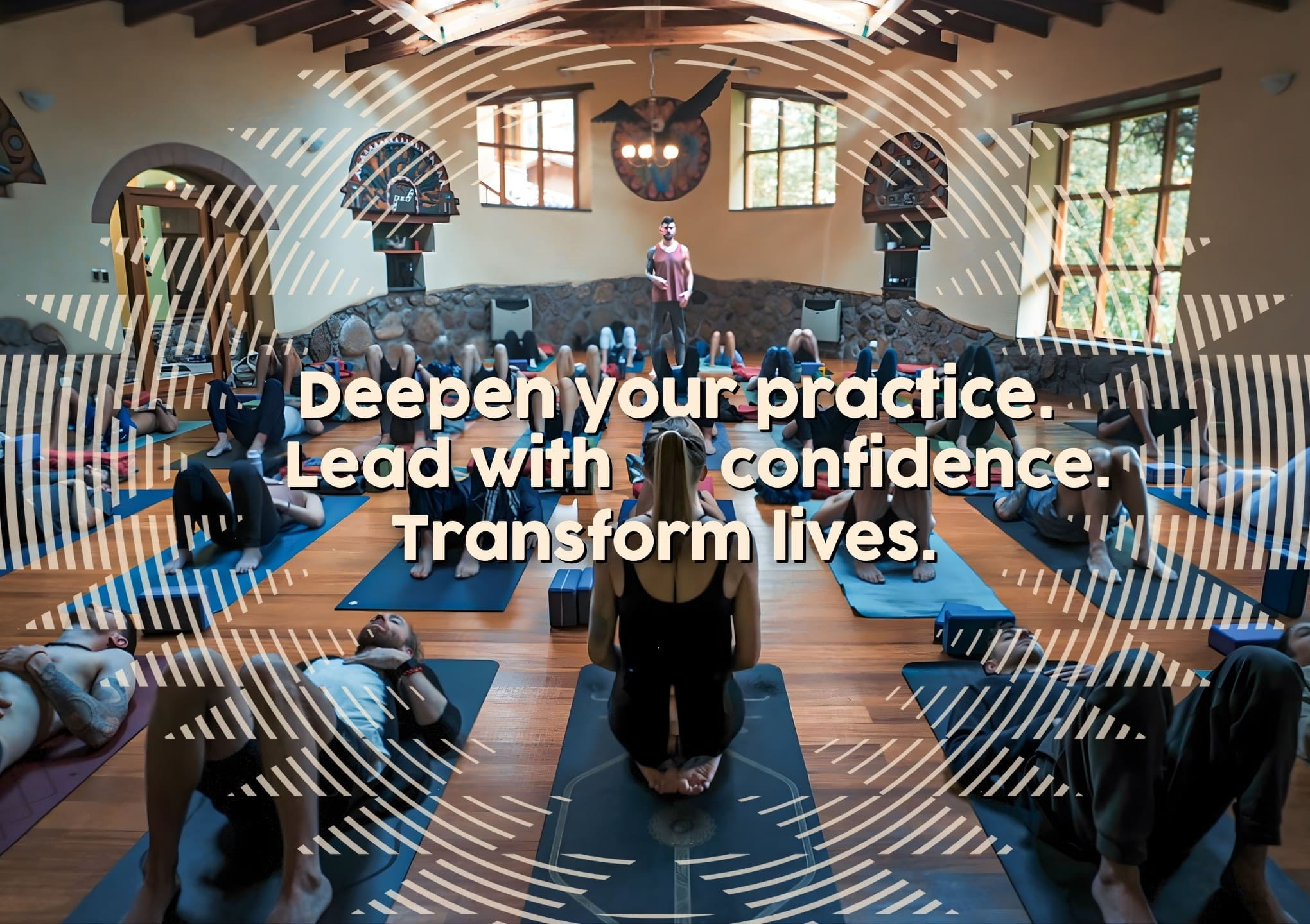 Teacher training cover, featuring group practicing yoga within a studio setting and text "Deepen your practice. Lead with confidence. Transform Lives."