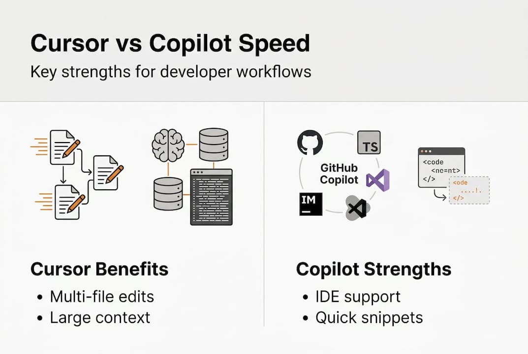 Infographic comparing Cursor and Copilot strengths