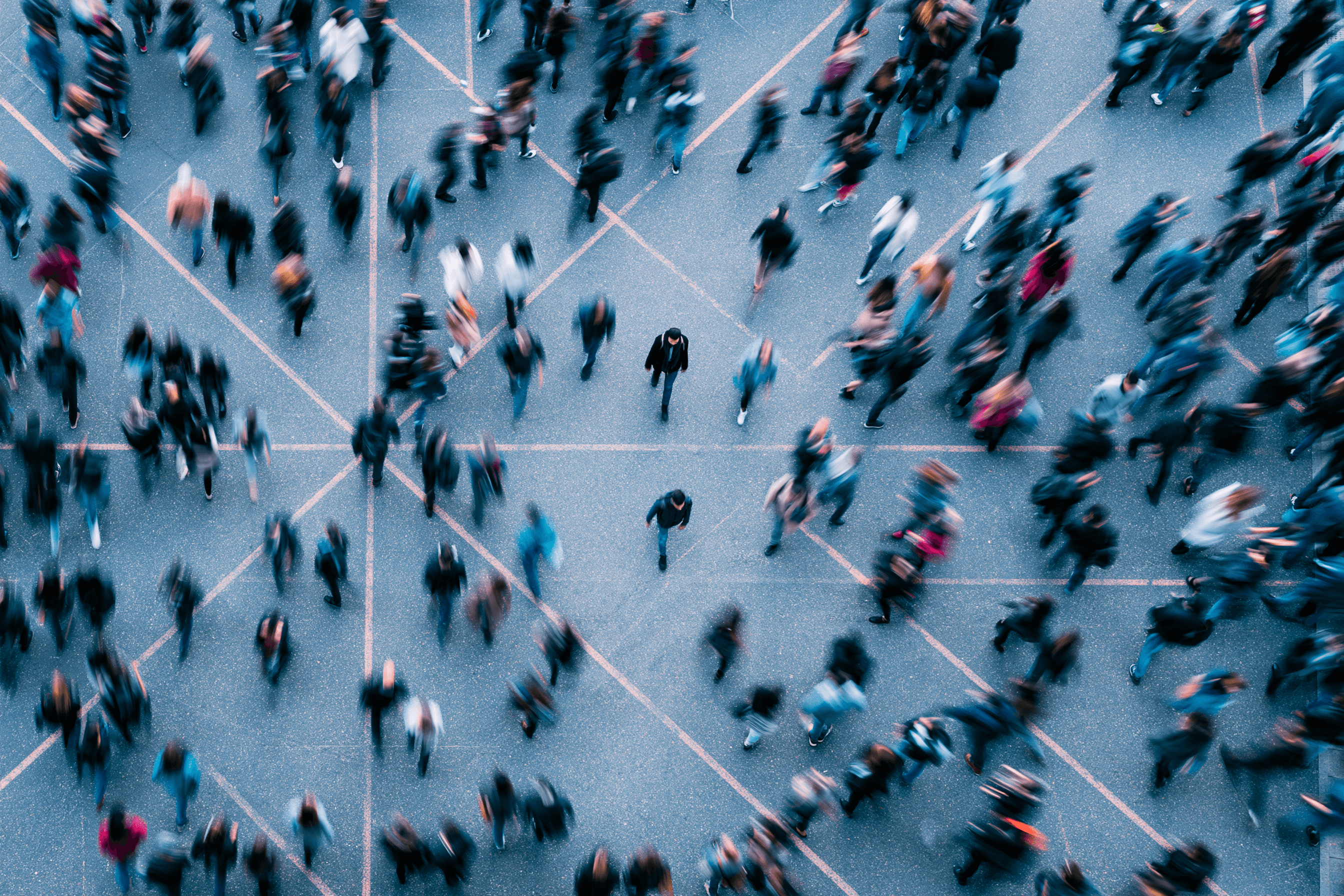 A single person moving through a crowded public space