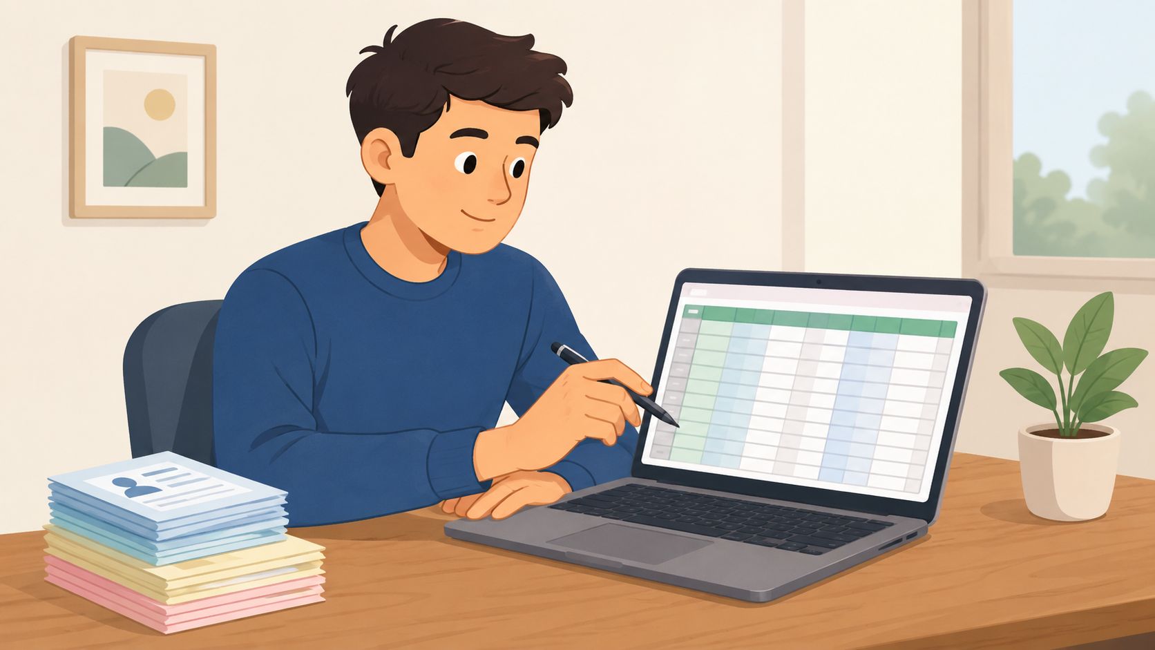 Un joven profesional trabajando en una laptop analizando datos en una hoja de cálculo con documentos apilados.