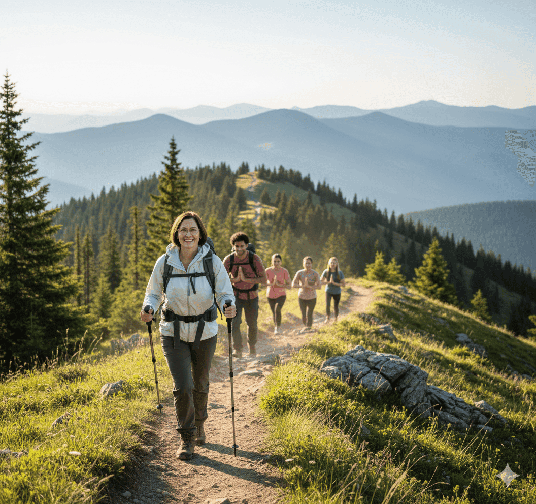 A group of five hikers walks along a dusty mountain trail bathed in sunlight. The woman in the foreground, wearing a light-colored jacket, smiles at the camera, holding trekking poles. Behind her, four other hikers follow, with the second person from the front having their hands clasped in a prayer-like gesture. Lush green trees and rolling mountain ranges form the backdrop under a clear sky.