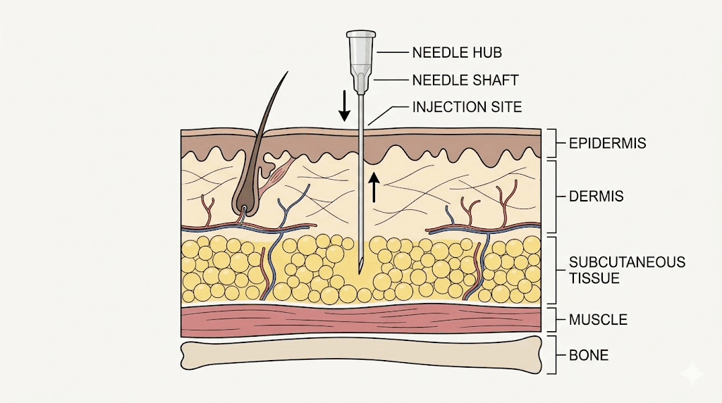 Needle depth diagram for subcutaneous tirzepatide injection showing correct tissue layer