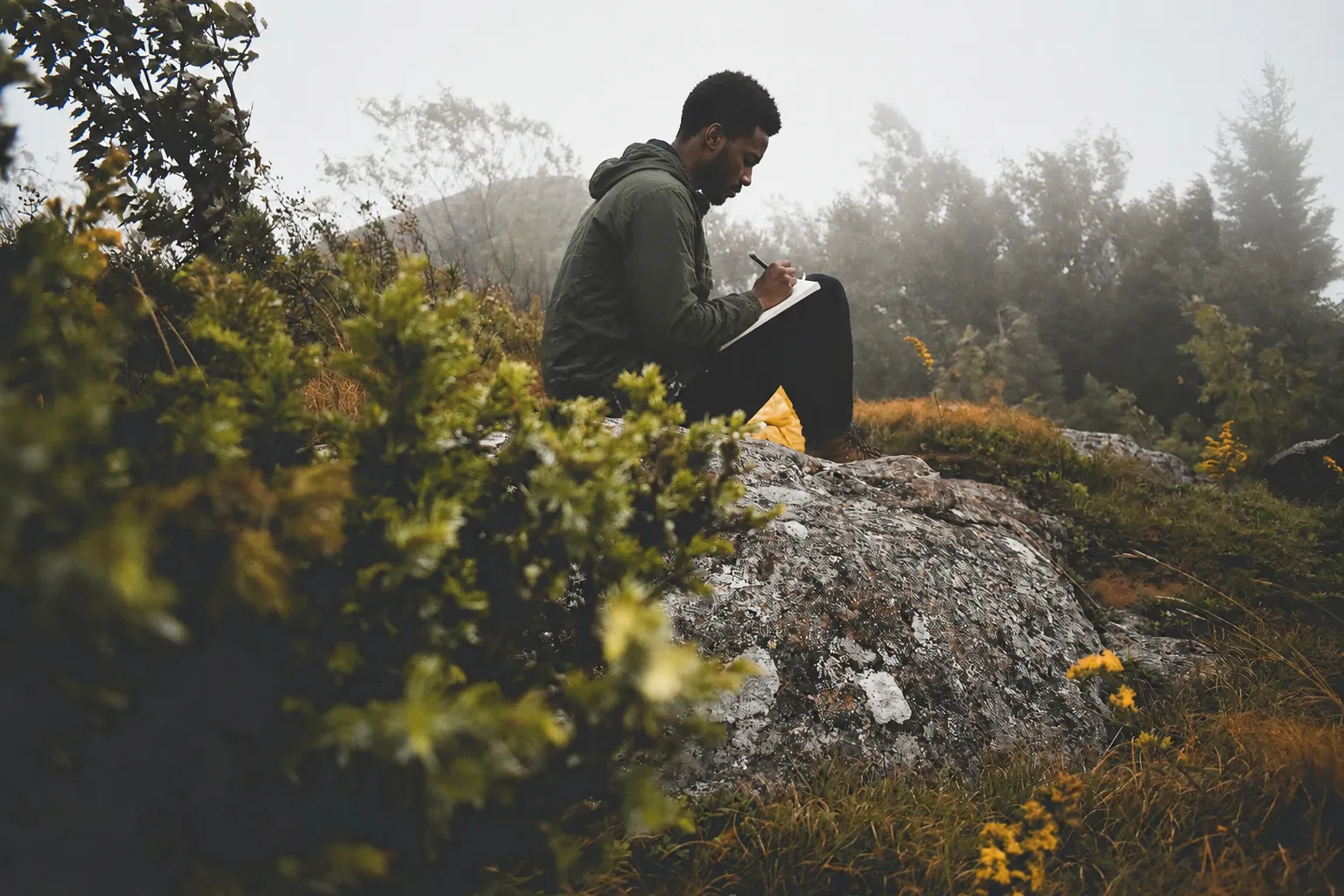 Man journaling outdoors during post-retreat integration