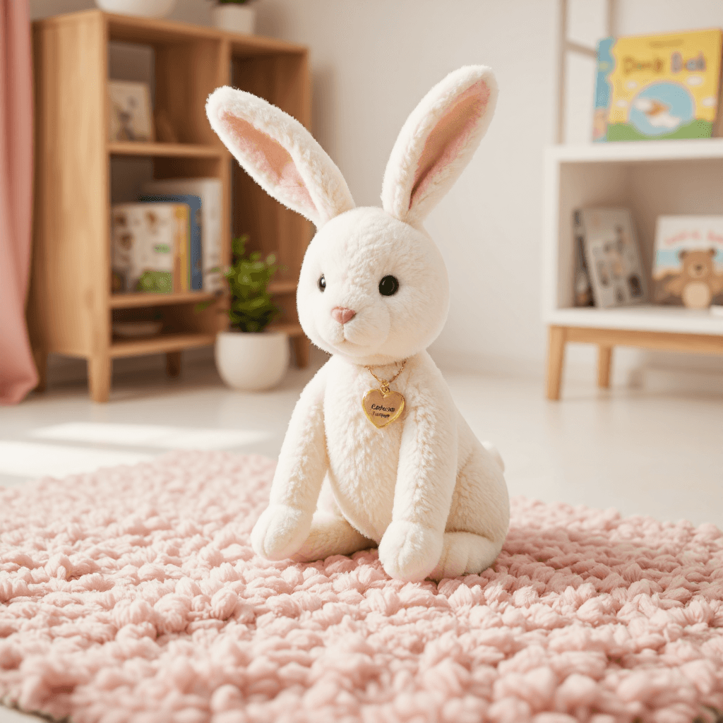product photography of a plush toy rabbit with a heart charm, used as a decorative item or gift