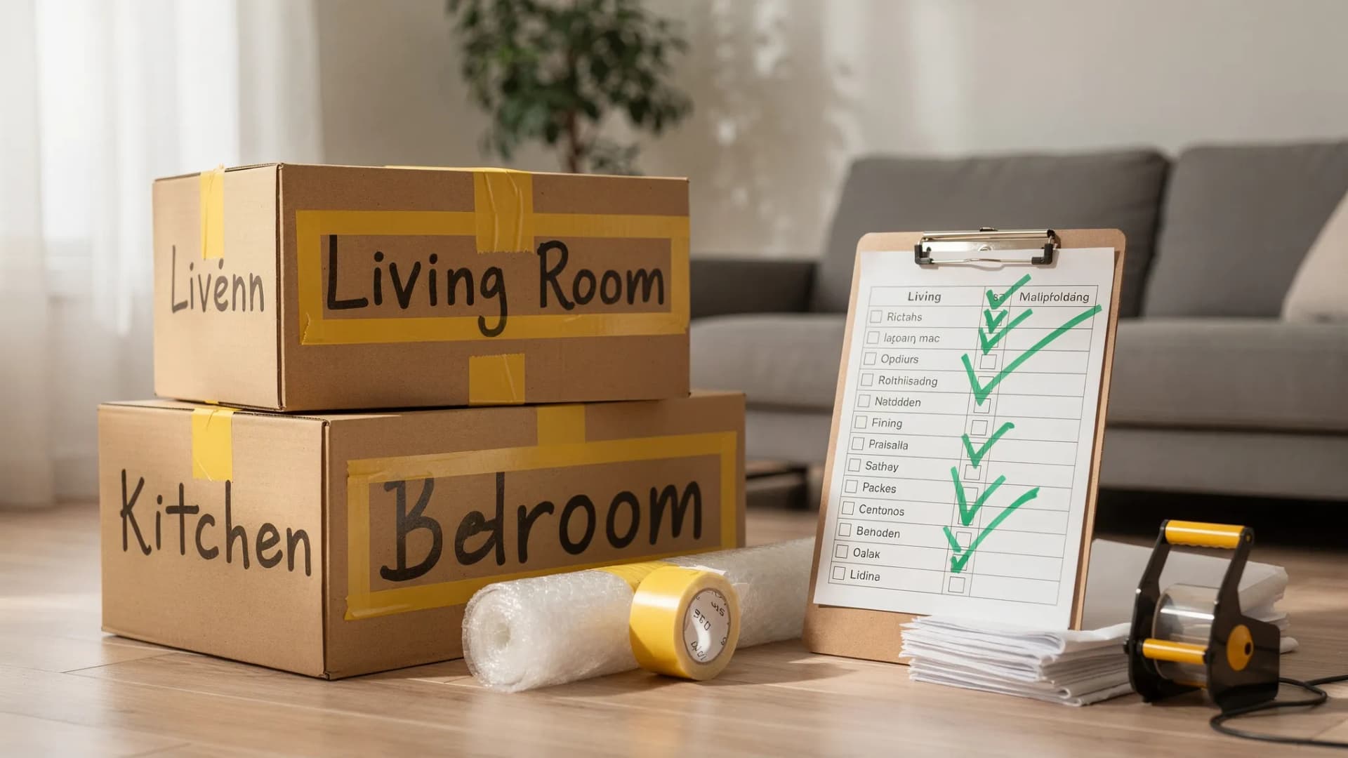 A neat stack of moving boxes labeled by room with large clear marker text, an inventory clipboard with checkmarks, and protective wrapping materials nearby in a well-lit living room.