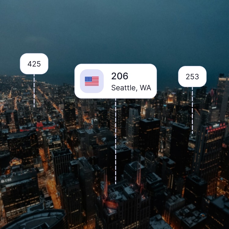 City skyline of Seattle showing the 206 area code and surrounding area codes